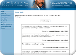 example of the guest book layout which shows each guest comment, name and posting date